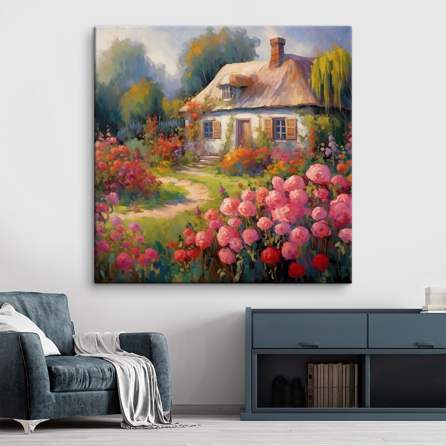 Gemälde eines Hauses mit Blumen