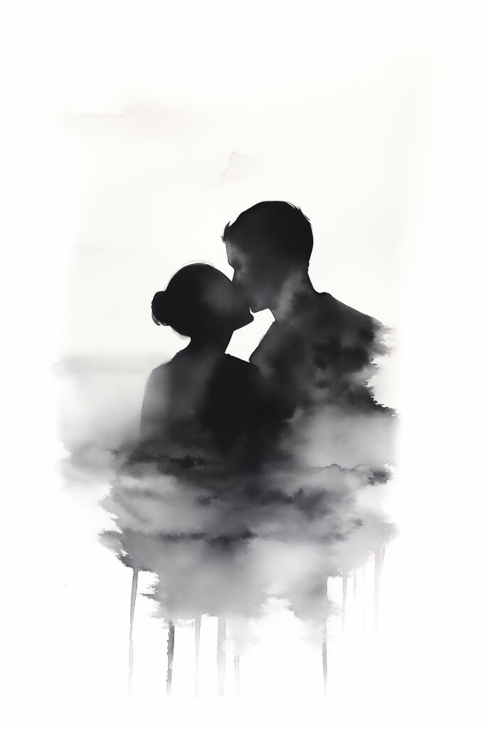 Man and woman kissing in the clouds