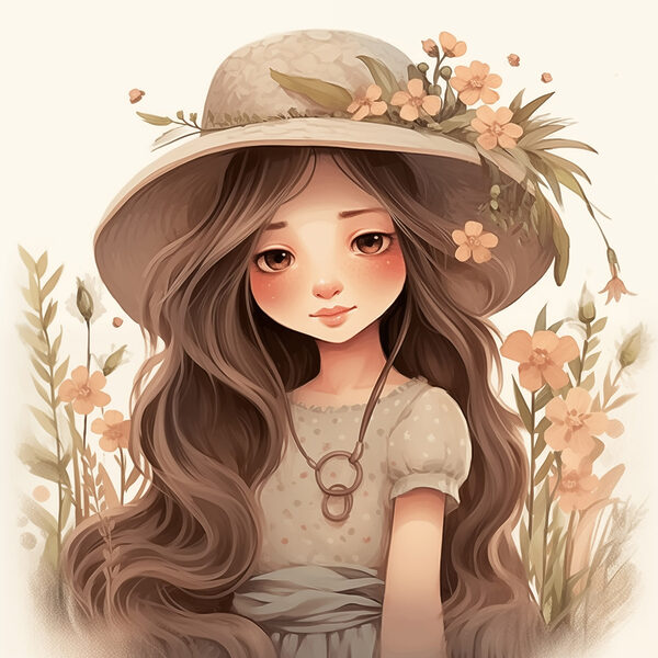 Cartoon Mädchen mit langen Haaren trägt einen Hut und Blumen Cartoon Mädchen mit langen Haaren trägt einen Hut und Blumen