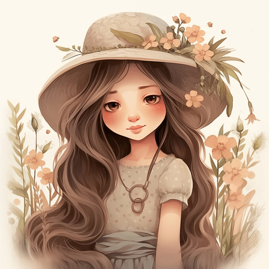 Cartoon Mädchen mit langen Haaren trägt einen Hut und Blumen