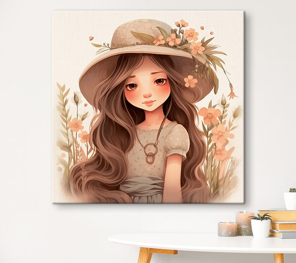 Cartoon Mädchen mit langen Haaren trägt einen Hut und Blumen Cartoon Mädchen mit langen Haaren trägt einen Hut und Blumen