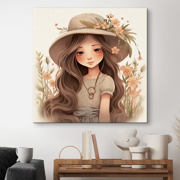 Cartoon Mädchen mit langen Haaren trägt einen Hut und Blumen Cartoon Mädchen mit langen Haaren trägt einen Hut und Blumen