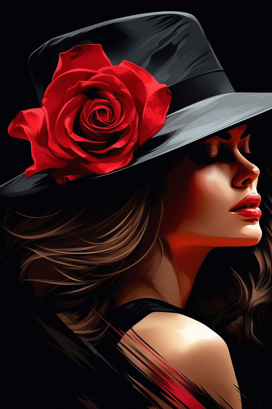 Frau mit einer Rose in ihrem Hut