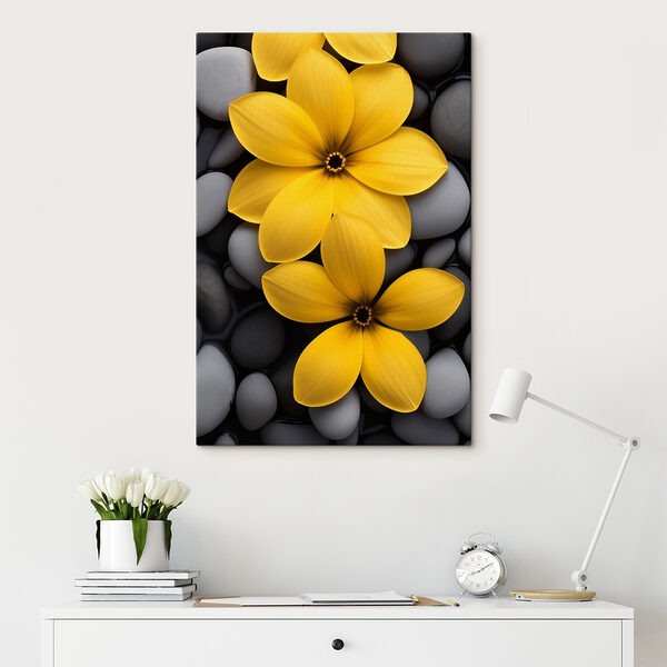 Wandbilder Gelbe Blumen auf einem Steinhaufen