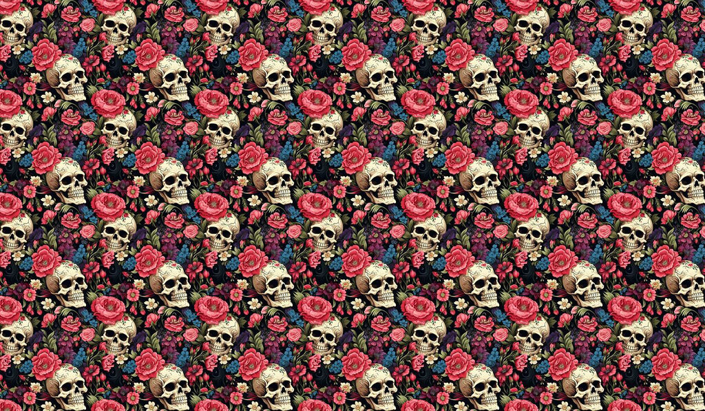 Muster aus Totenköpfen und Blumen Muster aus Totenköpfen und Blumen