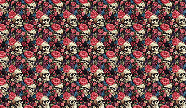 Muster aus Totenköpfen und Blumen Muster aus Totenköpfen und Blumen
