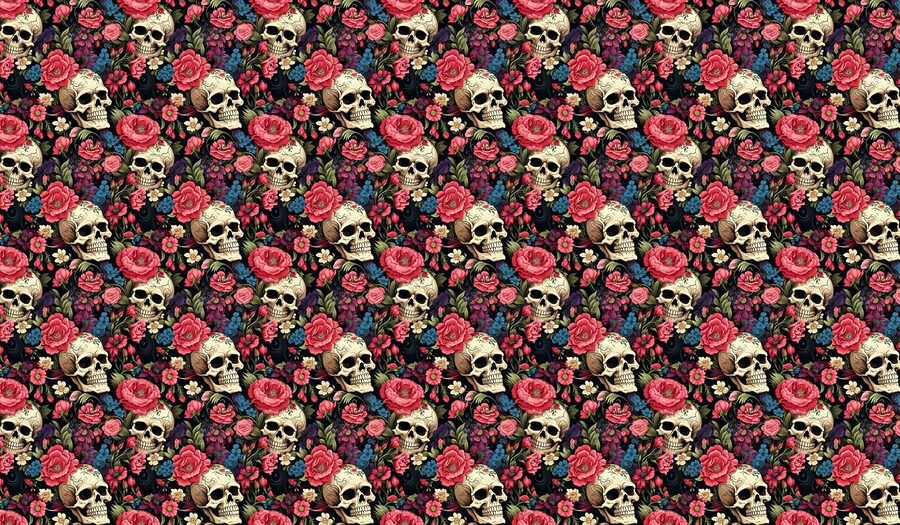 Muster aus Totenköpfen und Blumen