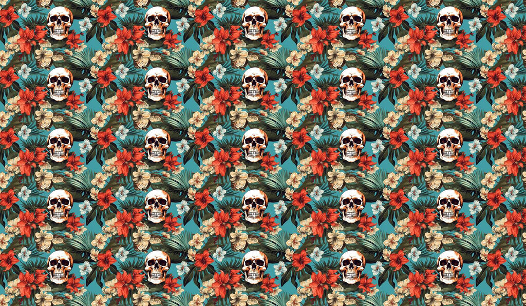 Muster aus Blumen und Totenköpfen Muster aus Blumen und Totenköpfen
