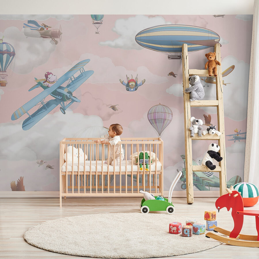 Hintergrundbild mit Flugzeugen und Heißluftballons Hintergrundbild mit Flugzeugen und Heißluftballons
