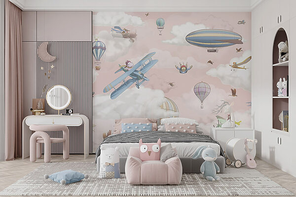 Hintergrundbild mit Flugzeugen und Heißluftballons Hintergrundbild mit Flugzeugen und Heißluftballons