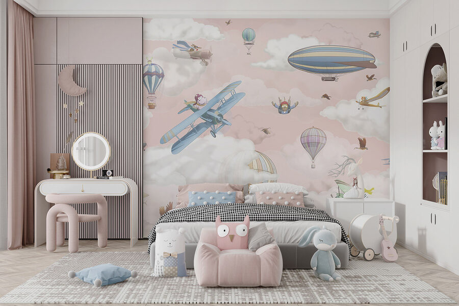 Hintergrundbild mit Flugzeugen und Heißluftballons Hintergrundbild mit Flugzeugen und Heißluftballons