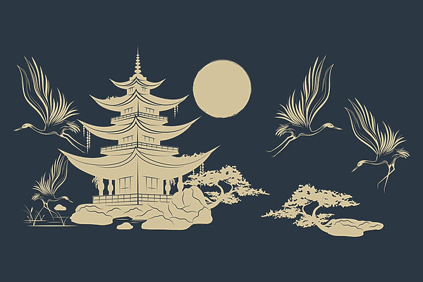 Zeichnung einer Pagode und von Kränen Zeichnung einer Pagode und von Kränen