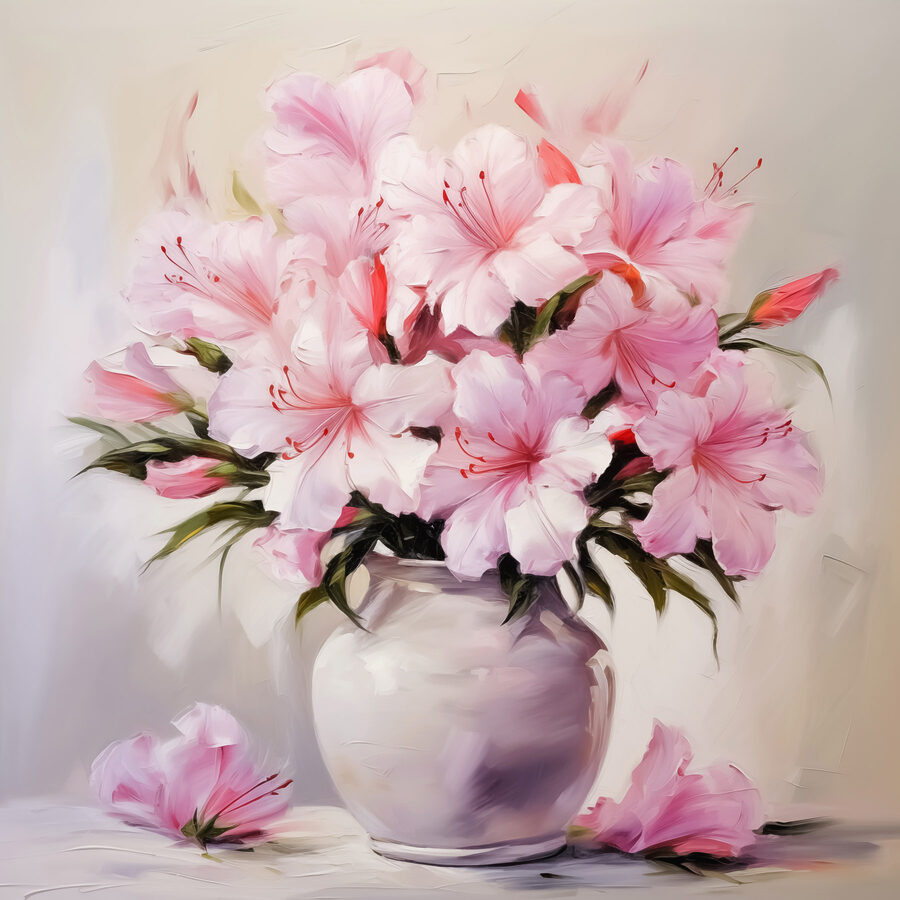 Gemälde mit rosa Blumen in einer Vase