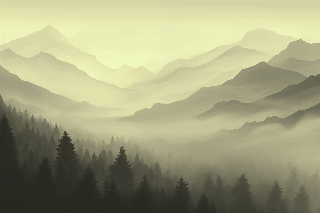 Neblige Berglandschaft mit Bäumen Neblige Berglandschaft mit Bäumen