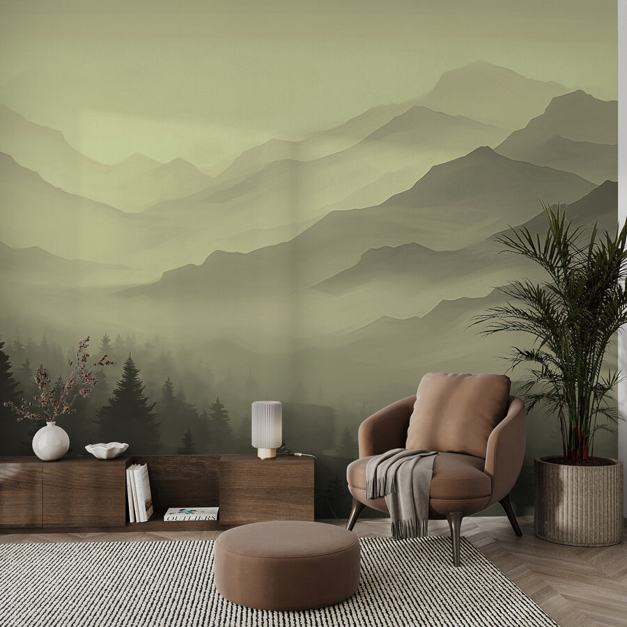 Neblige Berglandschaft mit Bäumen