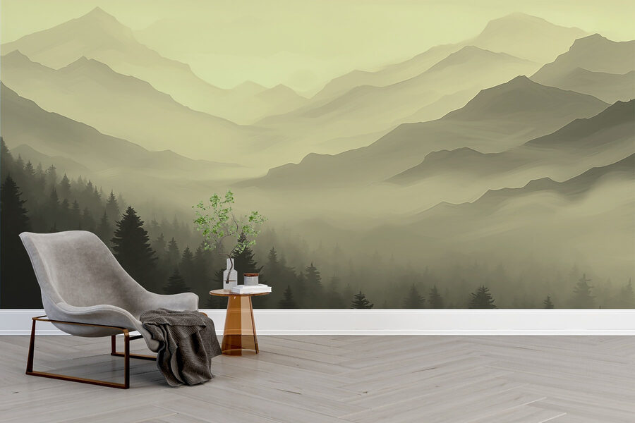 Neblige Berglandschaft mit Bäumen