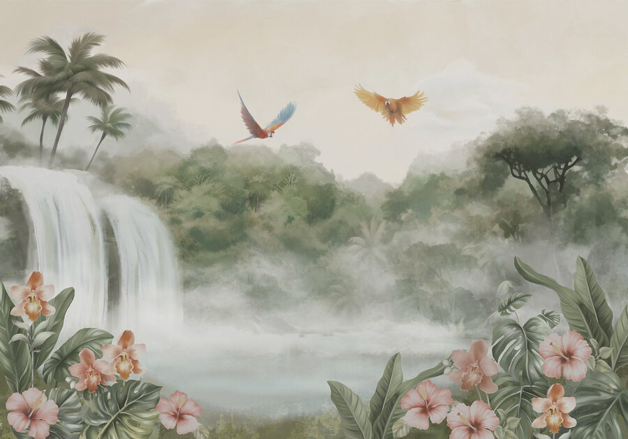 Wasserfall mit darüber fliegenden Vögeln Wasserfall mit darüber fliegenden Vögeln