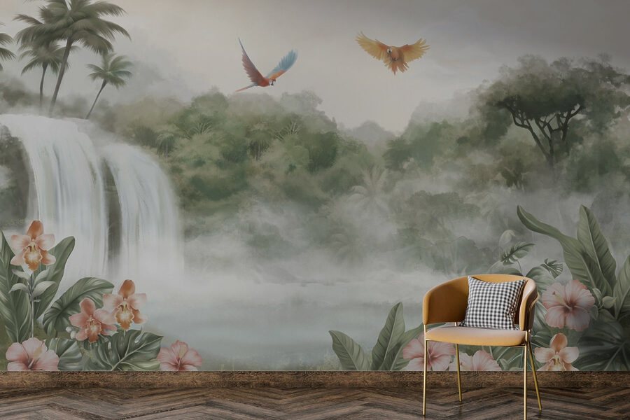 Wasserfall mit darüber fliegenden Vögeln Wasserfall mit darüber fliegenden Vögeln