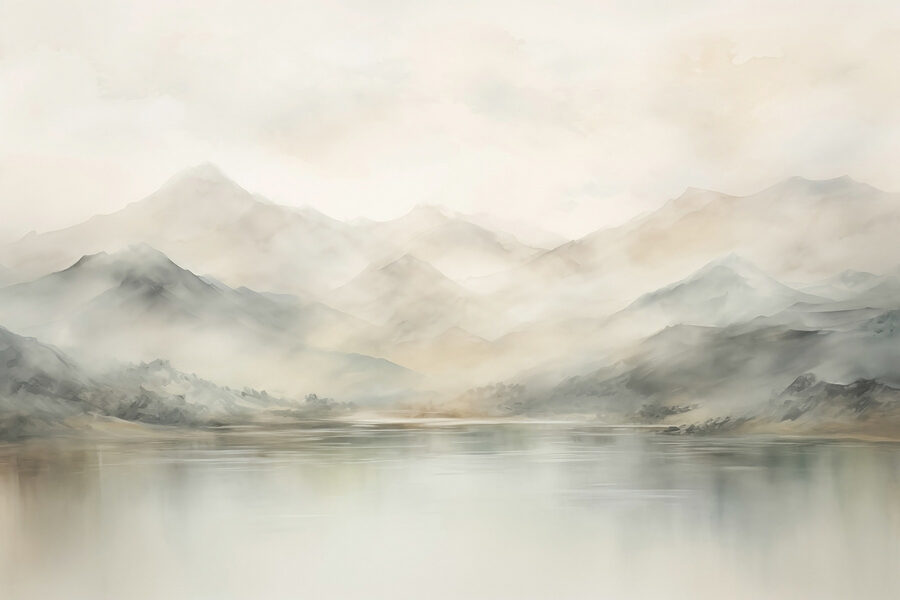 Aquarell eines Sees mit Bergen in der Ferne