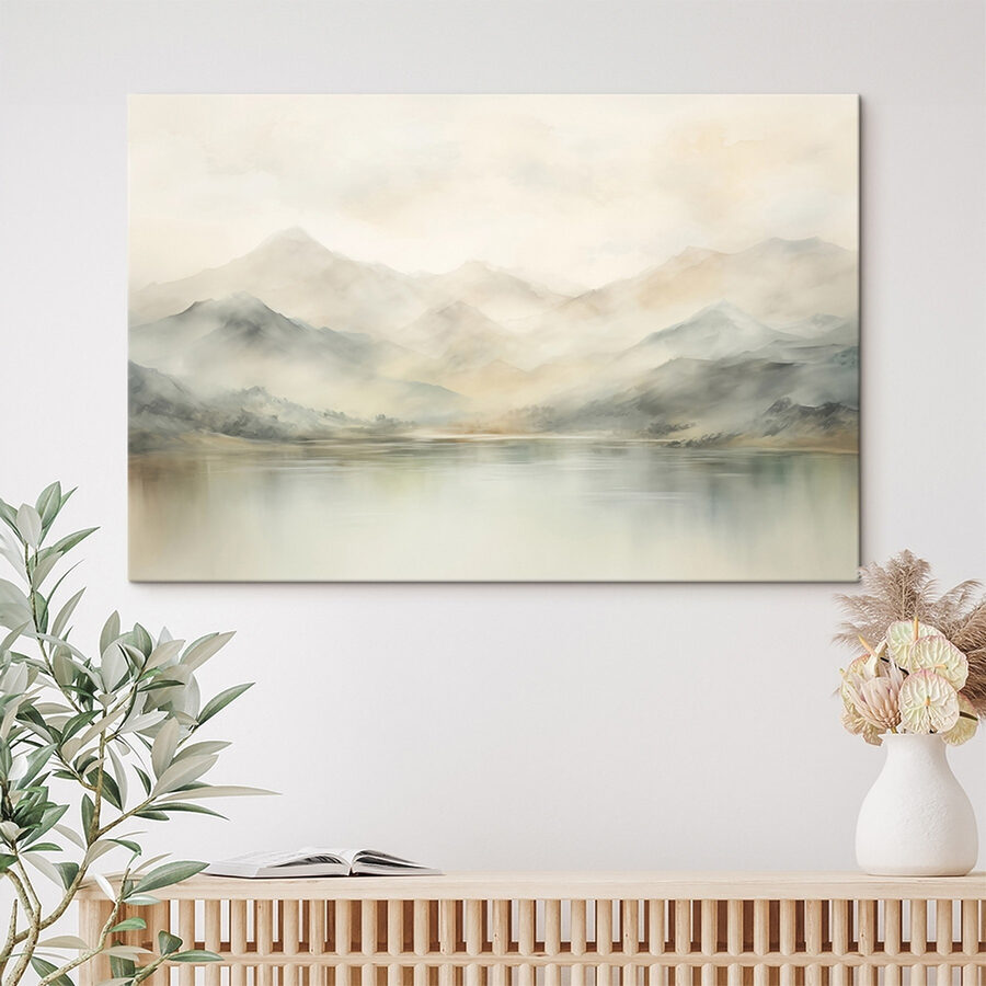 Aquarell eines Sees mit Bergen in der Ferne