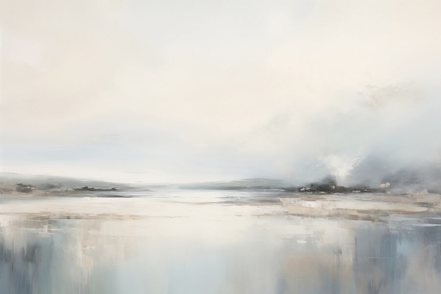 Gemälde einer Landschaft mit einer Wasserfläche und Nebel Gemälde einer Landschaft mit einer Wasserfläche und Nebel