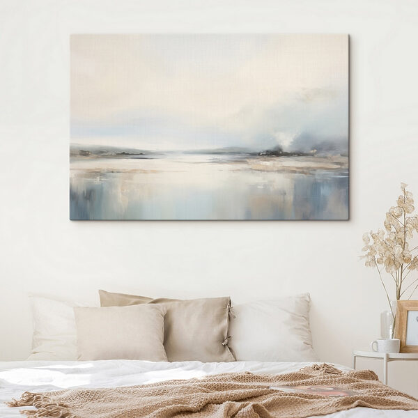 Gemälde einer Landschaft mit einer Wasserfläche und Nebel Gemälde einer Landschaft mit einer Wasserfläche und Nebel