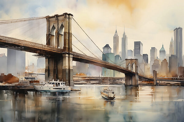 Aquarell einer Brücke und einer Stadt Aquarell einer Brücke und einer Stadt