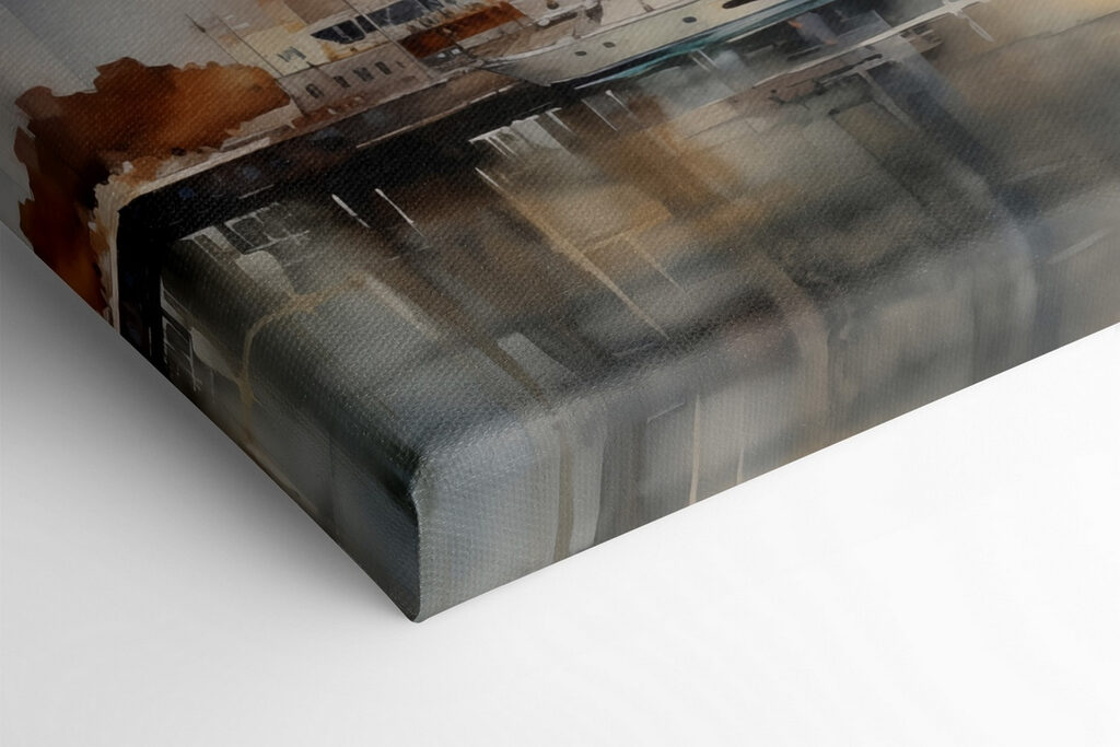 Watercolor of a bridge and a city