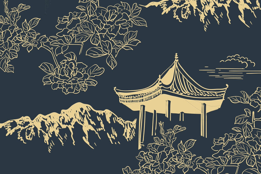 Pagode und Berge mit Blumen