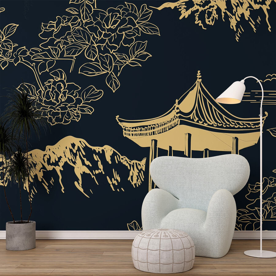 Pagode und Berge mit Blumen