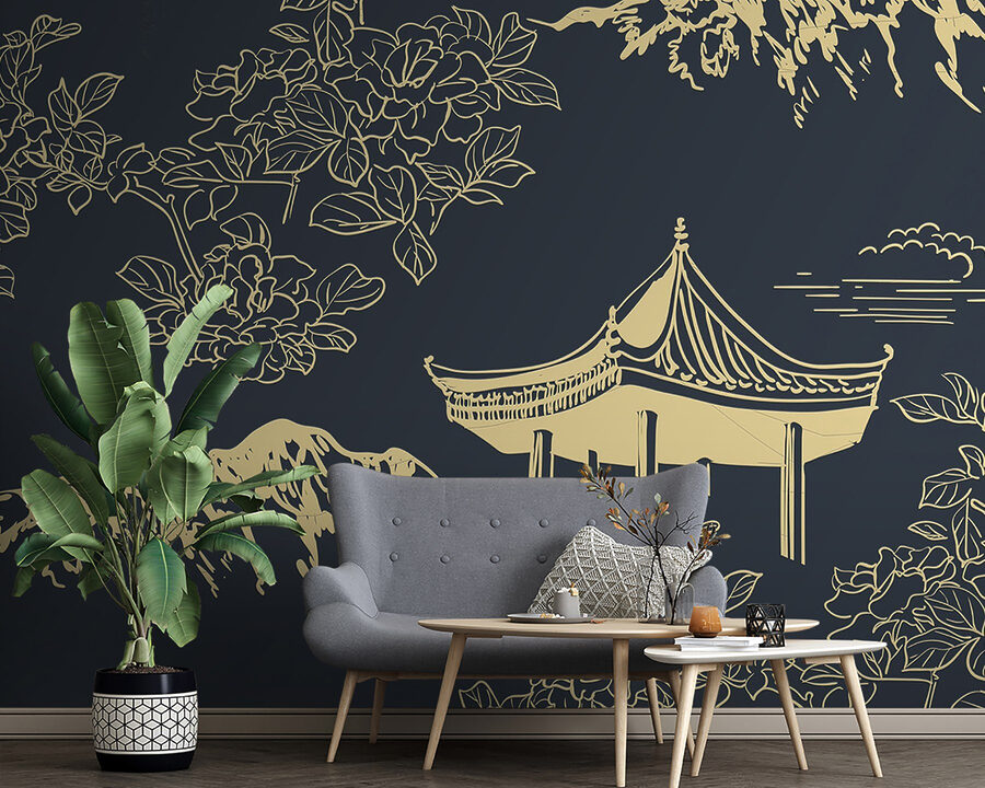 Pagode und Berge mit Blumen