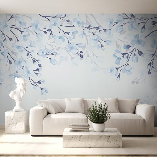 Wall murals White and blue flowers on a white background Wall murals White and blue flowers on a white background