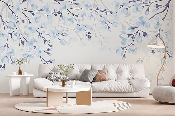 Wall murals White and blue flowers on a white background Wall murals White and blue flowers on a white background