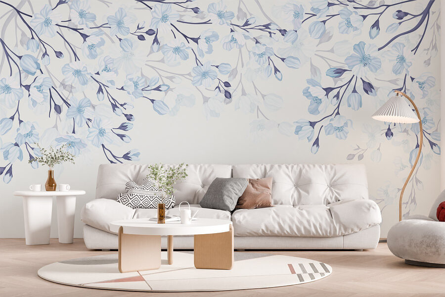 Wall murals White and blue flowers on a white background