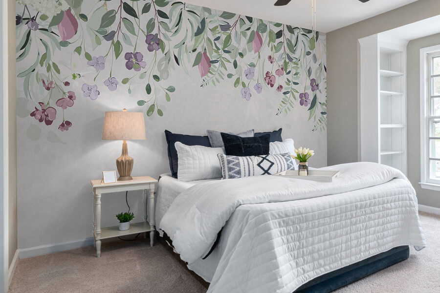 Fototapeten Blumenbordüre mit violetten Blumen und Blättern