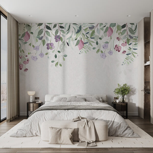 Blumenbordüre mit violetten Blumen und Blättern Blumenbordüre mit violetten Blumen und Blättern