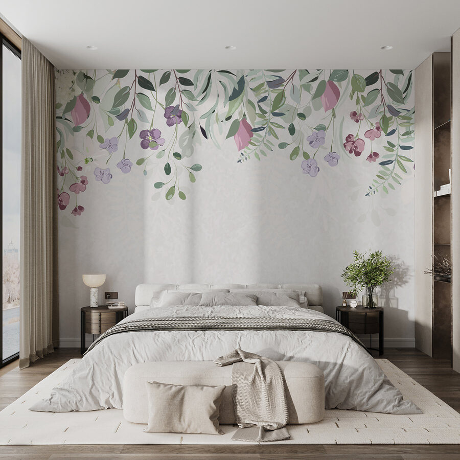 Fototapeten Blumenbordüre mit violetten Blumen und Blättern – Bild 2