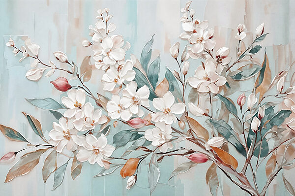 Gemälde mit Blumen auf blauem Hintergrund Gemälde mit Blumen auf blauem Hintergrund