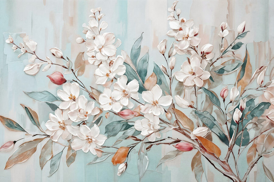 Gemälde mit Blumen auf blauem Hintergrund