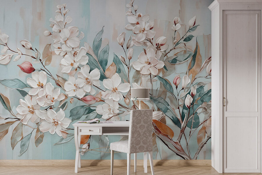 Gemälde mit Blumen auf blauem Hintergrund
