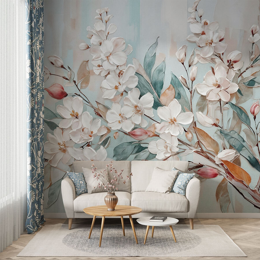 Gemälde mit Blumen auf blauem Hintergrund