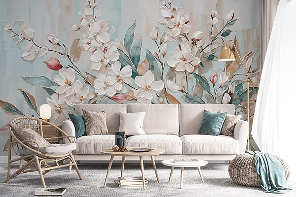 Gemälde mit Blumen auf blauem Hintergrund Gemälde mit Blumen auf blauem Hintergrund