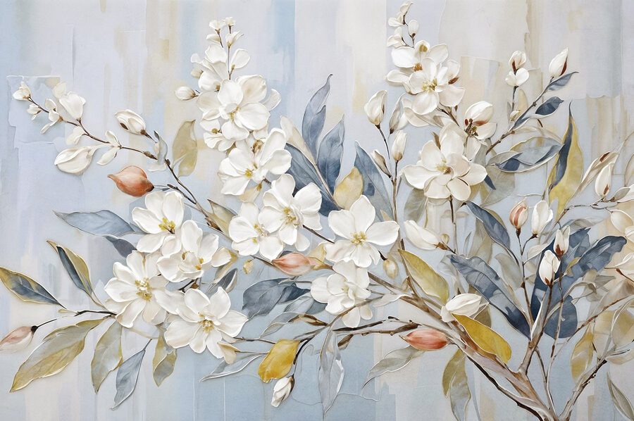 Malerei von weißen Blumen und Blättern Malerei von weißen Blumen und Blättern