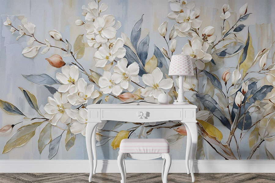 Malerei von weißen Blumen und Blättern Malerei von weißen Blumen und Blättern