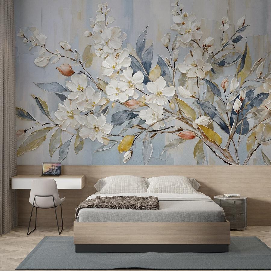 Malerei von weißen Blumen und Blättern Malerei von weißen Blumen und Blättern