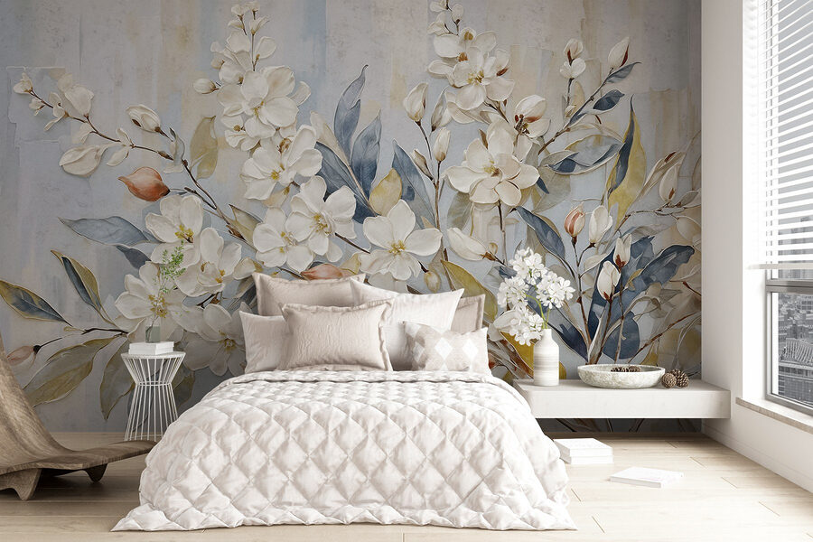 Malerei von weißen Blumen und Blättern Malerei von weißen Blumen und Blättern