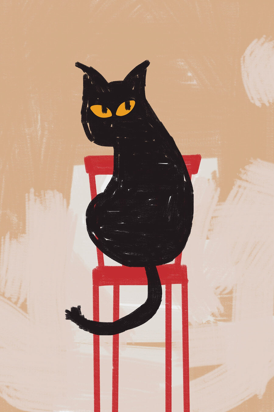 Schwarze Katze sitzt auf einem roten Stuhl
