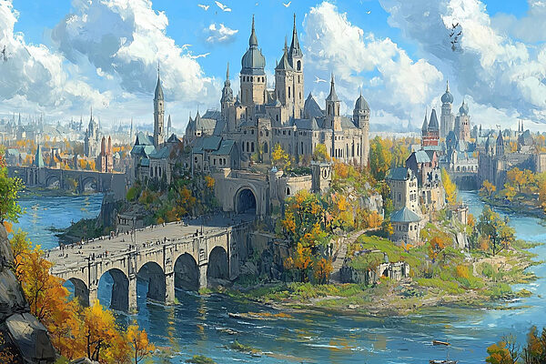 Schloss auf einem Hügel mit einer Brücke über das Wasser Schloss auf einem Hügel mit einer Brücke über das Wasser