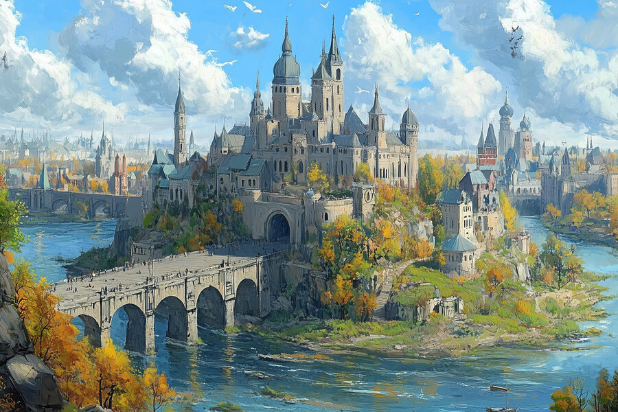 Schloss auf einem Hügel mit einer Brücke über das Wasser