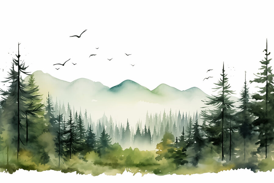 Aquarell von Wald und Bergen